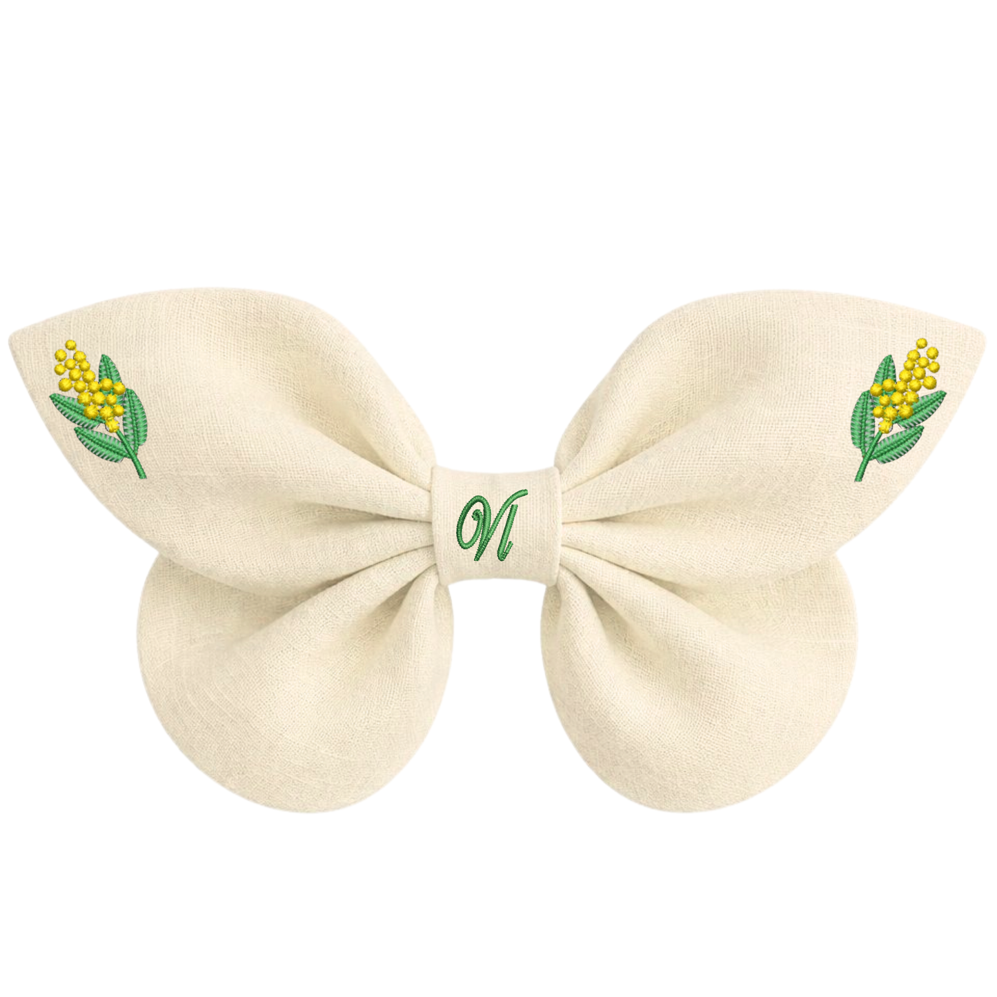 Fiocco per capelli in lino con ricamo mimosa | VIADALINNO Fiori primavera