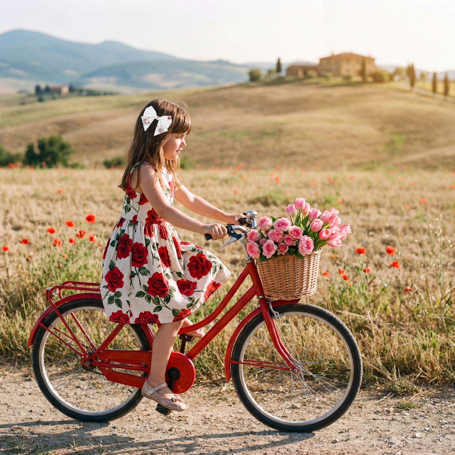 Leinenschleife mit Stickerei „Fahrrad und Blumen“. Valentinstag-Kollektion
