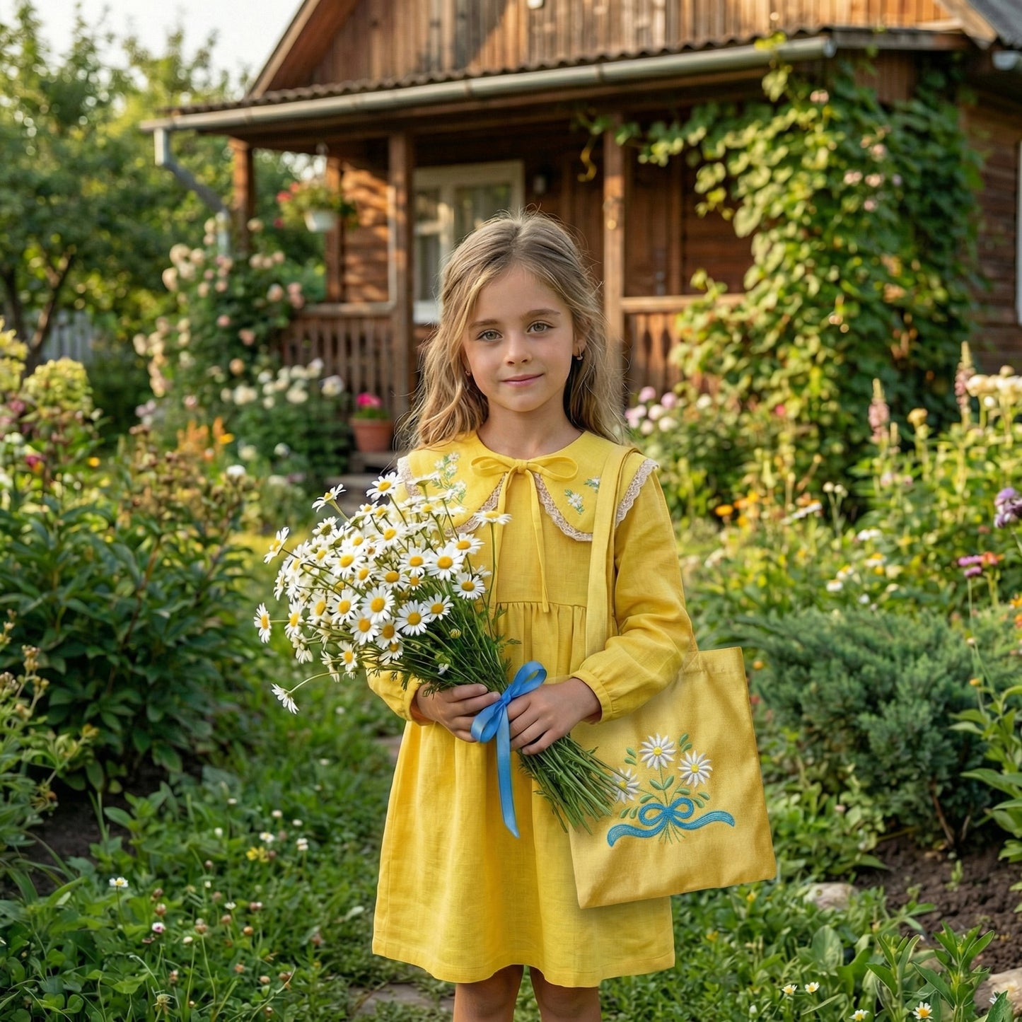 Colletto in lino giallo con ricamo floreale – fatto a mano in Italia