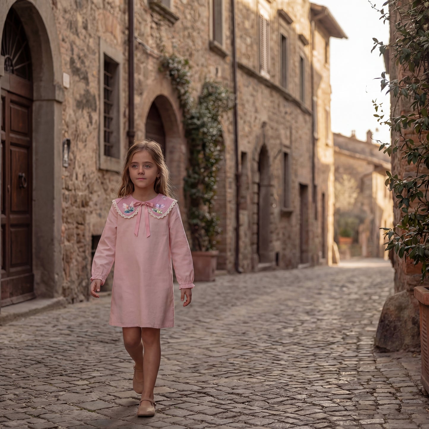 Colletto Peter Pan in lino rosa con stampa floreale e fiabesca – fatto a mano