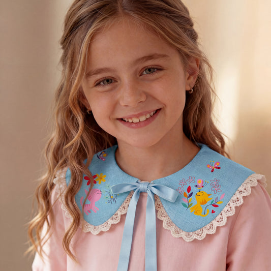Blue linen collar for a girl with illustrated print