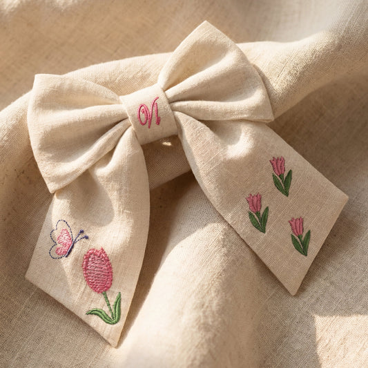 Linen hair bow with tulip embroidery - Handmade bow for girls