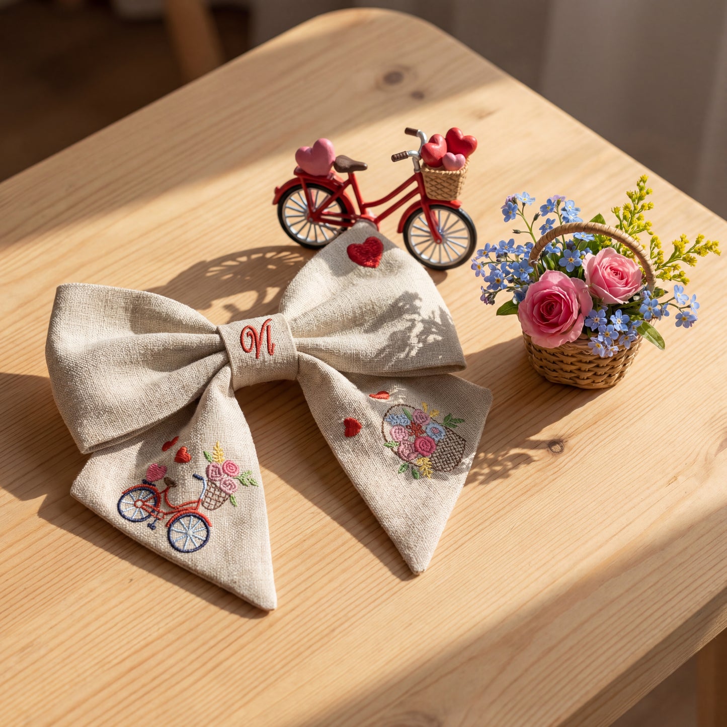 Leinenband mit Stickerei „Fahrrad und Blumen“