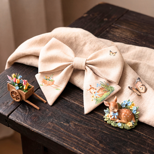 Haarschleife für Mädchen aus Leinen – Beige mit Rehkitz- und Blumenprint