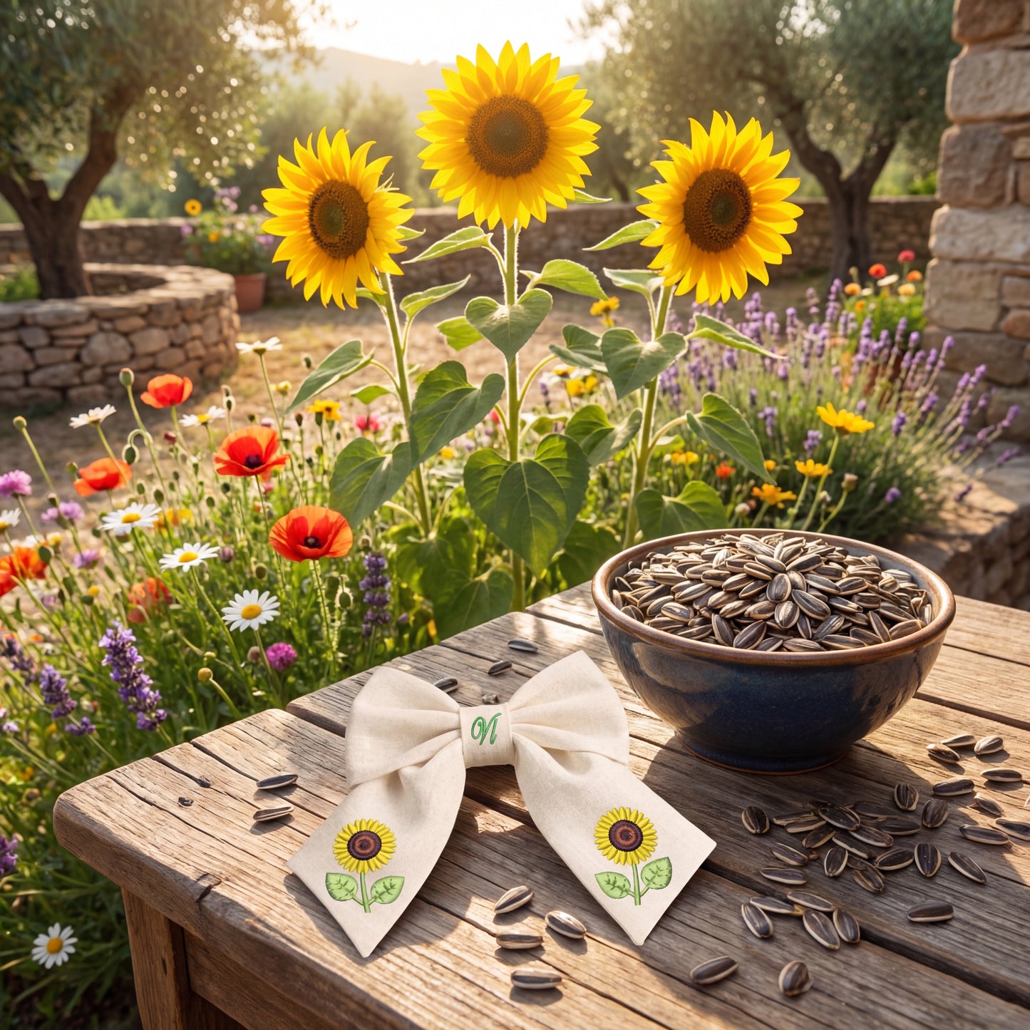 Fiocco per capelli in lino con ricamo girasole