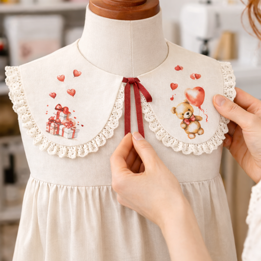 Beige linen decorative collar with lace and romantic Valentine's Day print