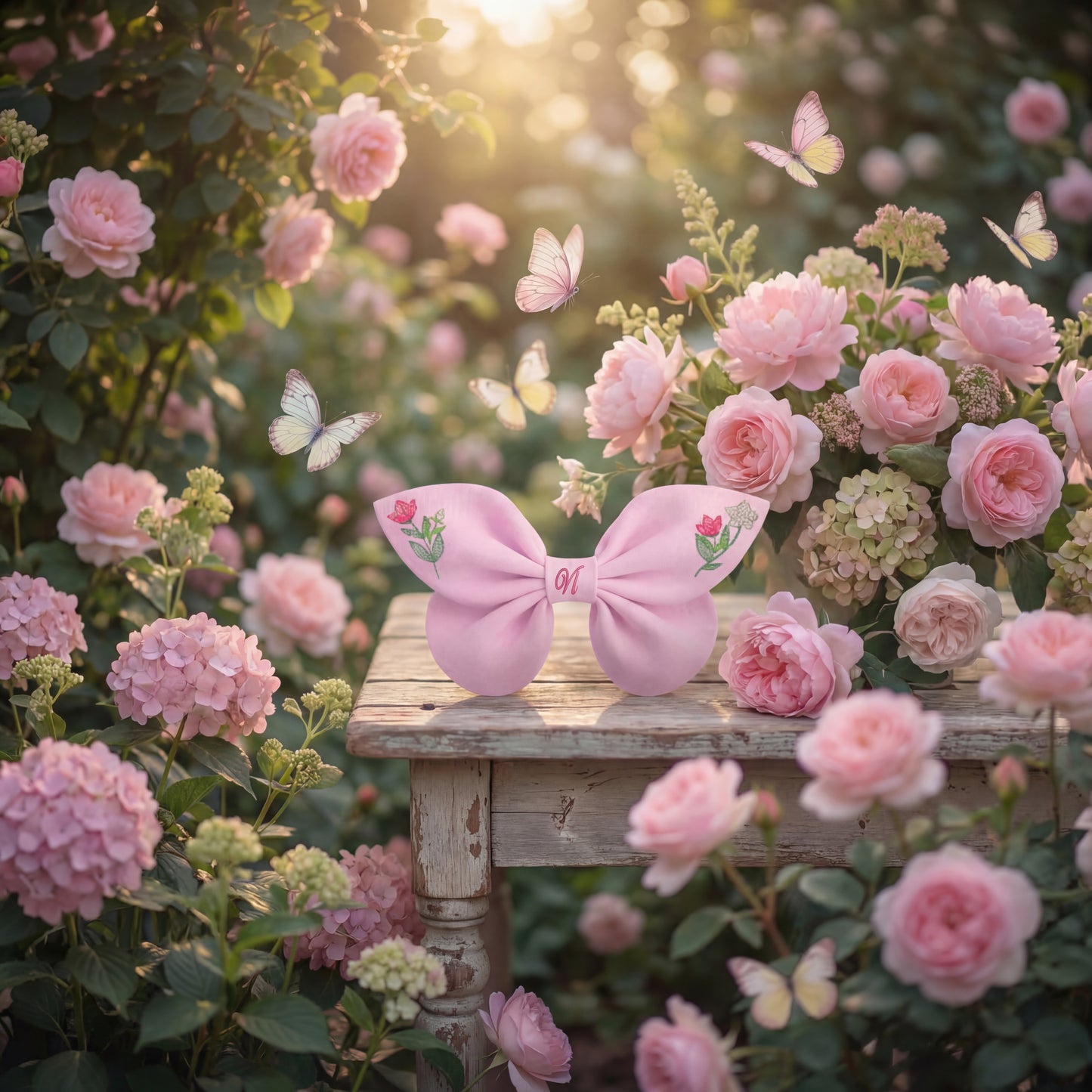 Blaue Leinenschleife mit Kolibri- und Blumenstickerei. Verzauberte Blumen