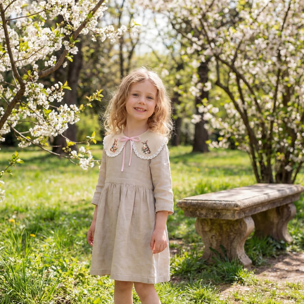 Dekorativer Leinenkragen für Mädchen mit Spitze und Osterhasen