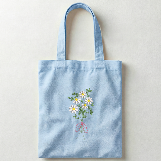 Borsa Shopper Azzurra in Canvas con Ricamo Margherite – Fatto a Mano in Italia