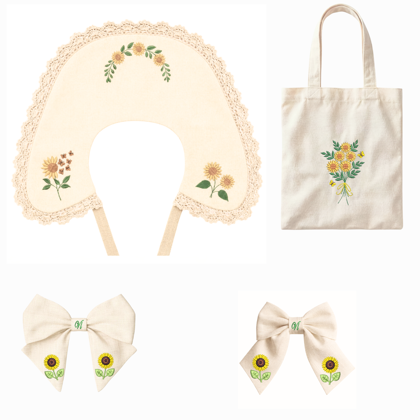 Completo coordinato per bambina in lino naturale – Colletto ricamato, shopper e 2 fiocchi con girasoli, fatto a mano in Italia